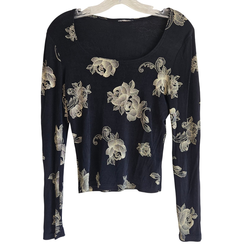 Vtg 90s Unbranded M Top Women Black Gold Textured Floral Rose Scoop Long Sleeve